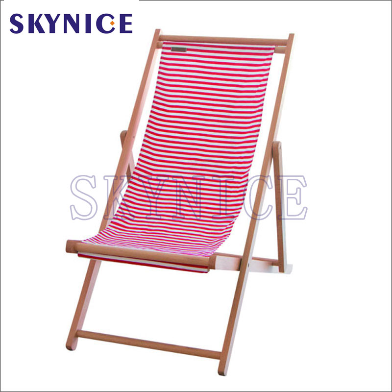 Outdoor Foldable Wood Sling Beach Chair With Stripe